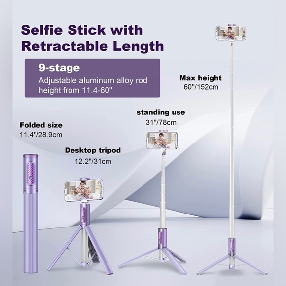 BRAND NEW PURPLE SELFIE STICK 60”TRIPOD COMBO. ALL IN 1 WITH WIRELESS REMOTE - Picture 2 of 7